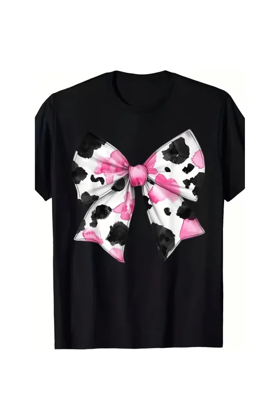 Women & Girls Cow Print Coquette Bow Matching Tee/Hoodie, Relaxed Fit Breathable Casual Family Graphic Top