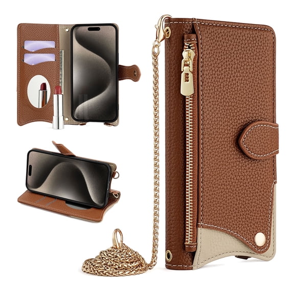 Women Girls Crossbody Strap Flip Wallet Zipper Phone Case Cover for Samsung Galaxy S23 FE, with Card Holder Kickstand PU Leather Shoulder Chain Make-up Mirror for Samsung Galaxy S23 FE, Brown
