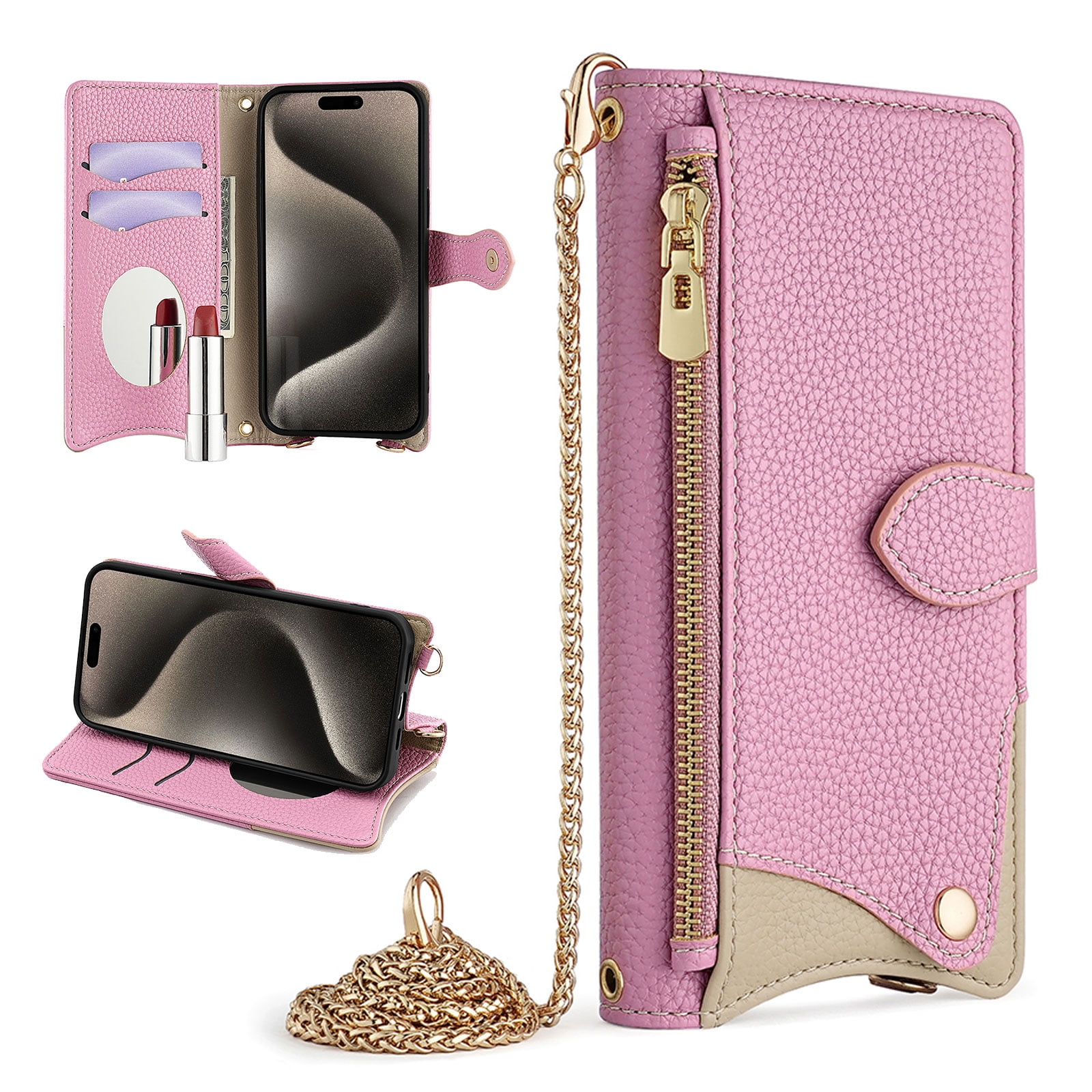 Women Girls Crossbody Strap Flip Wallet Zipper Phone Case Cover for iPhone 17 Pro Max, with Card Holder Kickstand Soft PU Leather Shoulder Chain Make-up Mirror for iPhone 17 Pro Max, Pink
