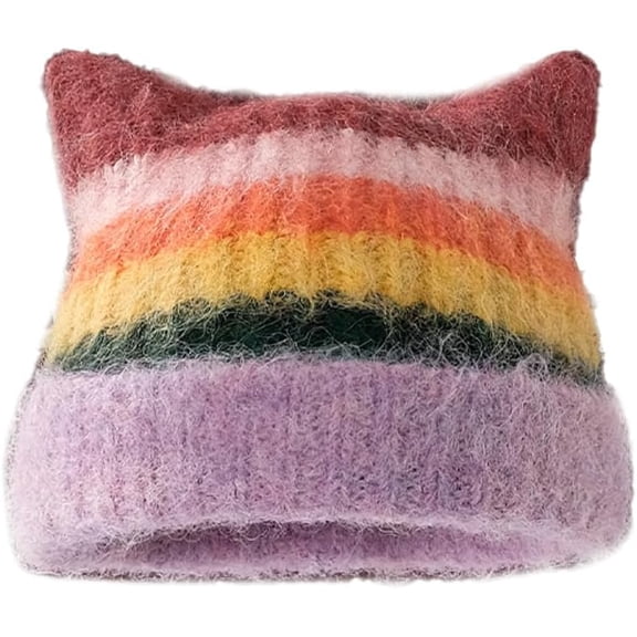 Women Girls Cute Cat Ears Beanie Hat Winter Warm Knit Hat Retro Y2K Skull Caps Soft Slouchy Crochet Hats Ski Cap