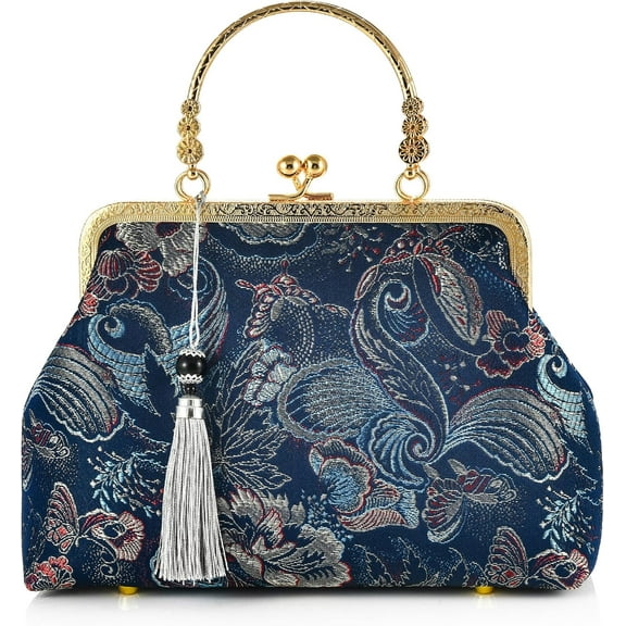 Women Girls Flowers Embroidered Top-handle Bag Chinese Vintage Kiss Lock Tote Handbag Wedding Party Evening Clutch Purse