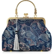 Women Girls Flowers Embroidered Top-handle Bag Chinese Vintage Kiss Lock Tote Handbag Wedding Party Evening Clutch Purse