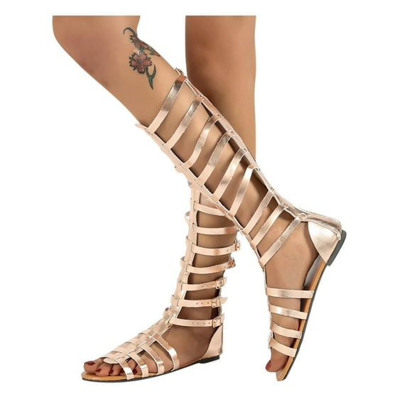Women Girls Gladiator Sandals Flat,Summer Strappy Lace Up Open Toe Knee High Flat Sandal Beach Travel Dressy T-Strap Thong Sandals