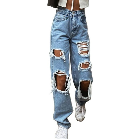 Women Girls High Waisted Baggy Ripped Jeans Boyfriend Fashion Large Denim Baggy Blue Jeans Plus Size