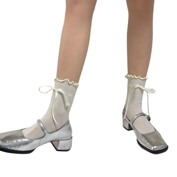 Women Girls Japanese JK Cute Ribbon Bowknot Ankle Socks Elegant Solid Color Middle Tube Ruffle Trim Frilly Socks