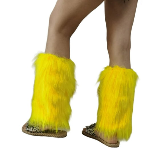 Women Girls Japanese Solid Color Leg Warmer Plush Socks Winter Warm Boot Cuffs Bright Yellow Fuzzy Knee Length Leg Cover