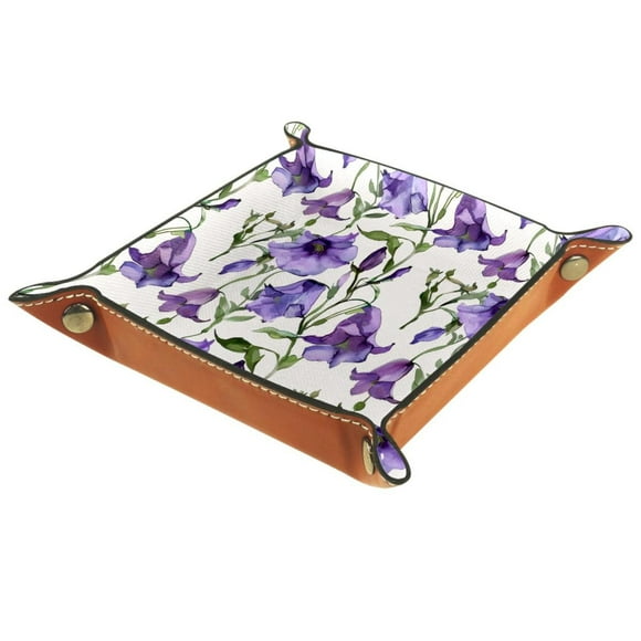 Women Girls Leather Square Dish Trinket Plate Jewelry Tray, Bell Flowers Purple Pattern Mothers Day Birthday Gift