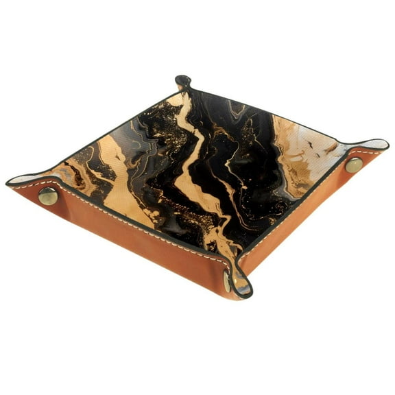 Women Girls Leather Square Dish Trinket Plate Jewelry Tray, Black Golden Marble Print Flag Mothers Day Birthday Gift, 20.5x20.5cm