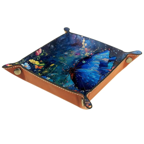 Women Girls Leather Square Dish Trinket Plate Jewelry Tray, Blue Butterfly Dances Flowers Mothers Day Birthday Gift