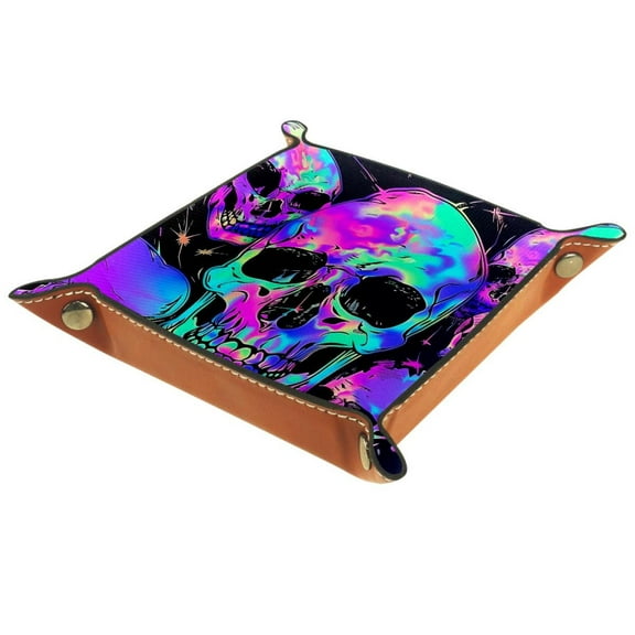 Women Girls Leather Square Dish Trinket Plate Jewelry Tray, Bright Skulls Head Flag Mothers Day Birthday Gift, 20.5x20.5cm