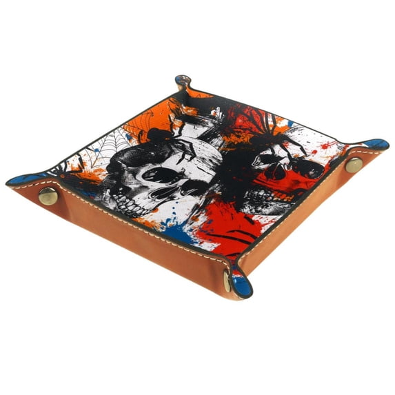 Women Girls Leather Square Dish Trinket Plate Jewelry Tray, Bright Skulls Spiders Pattern Mothers Day Birthday Gift