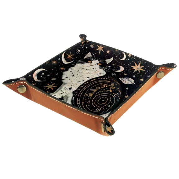 Women Girls Leather Square Dish Trinket Plate Jewelry Tray, Cat Planets Stars Pattern Flag Mothers Day Birthday Gift, 20.5x20.5cm