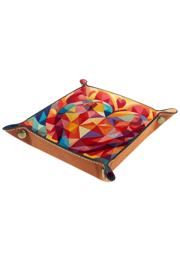 Women Girls Leather Square Dish Trinket Plate Jewelry Tray, Colors Geometry Love Heart Pattern Mothers Day Birthday Gift