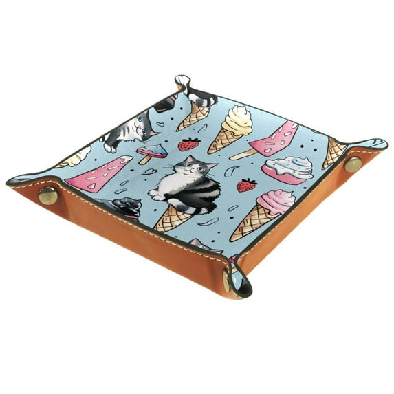 Women Girls Leather Square Dish Trinket Plate Jewelry Tray, Cute CatsIce Cream Flag Mothers Day Birthday Gift, 20.5x20.5cm