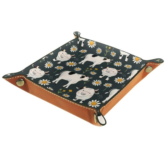 Women Girls Leather Square Dish Trinket Plate Jewelry Tray, Cute Cows Chamomile Pattern Mothers Day Birthday Gift