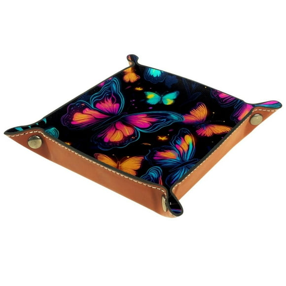 Women Girls Leather Square Dish Trinket Plate Jewelry Tray, Cute Flying Butterflies Pattern Mothers Day Birthday Gift
