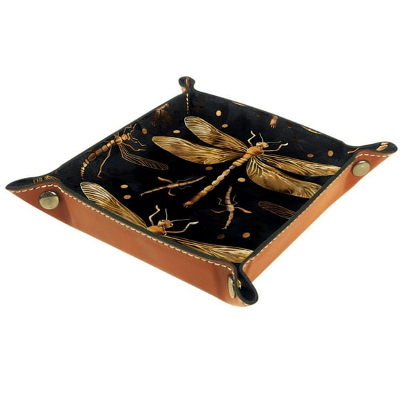 Women Girls Leather Square Dish Trinket Plate Jewelry Tray, Dragonfly Golden Pattern Mothers Day Birthday Gift