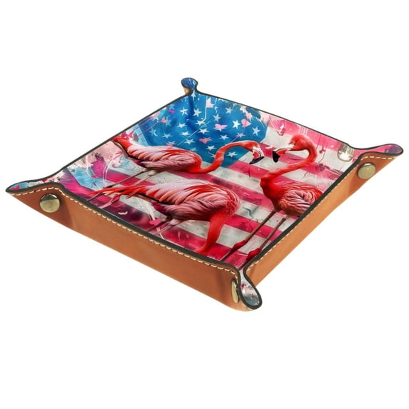 Women Girls Leather Square Dish Trinket Plate Jewelry Tray, Flamingos on USA Flag Flag Mothers Day Birthday Gift, 20.5x20.5cm