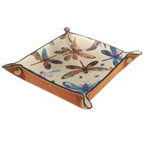 Women Girls Leather Square Dish Trinket Plate Jewelry Tray, Flying Dragonfly Pattern Flag Mothers Day Birthday Gift, 20.5x20.5cm