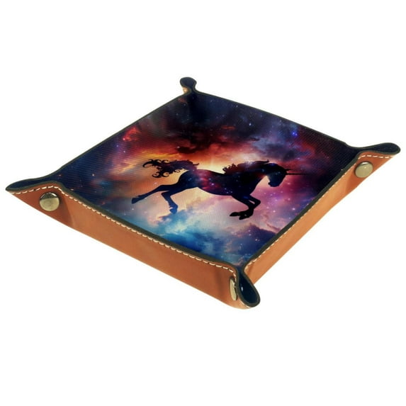 Women Girls Leather Square Dish Trinket Plate Jewelry Tray, Galaxy Cloud Unicorn Silhouette Mothers Day Birthday Gift