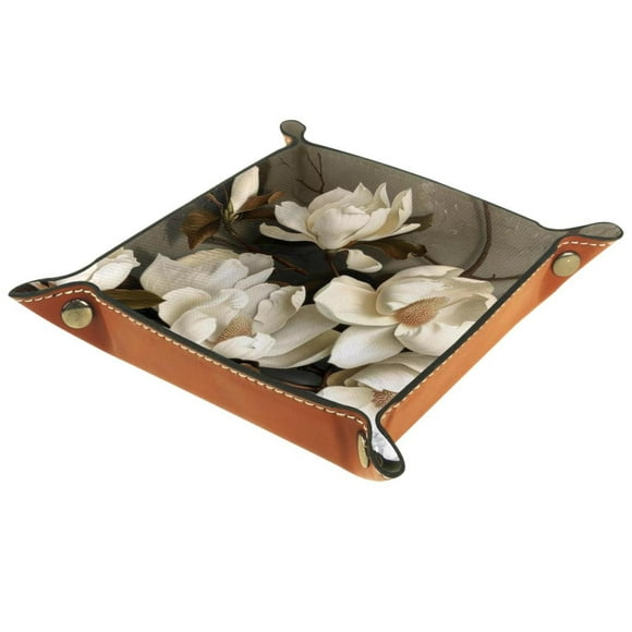 Women Girls Leather Square Dish Trinket Plate Jewelry Tray, Giant Magnolias Painting Flag Mothers Day Birthday Gift, 20.5x20.5cm
