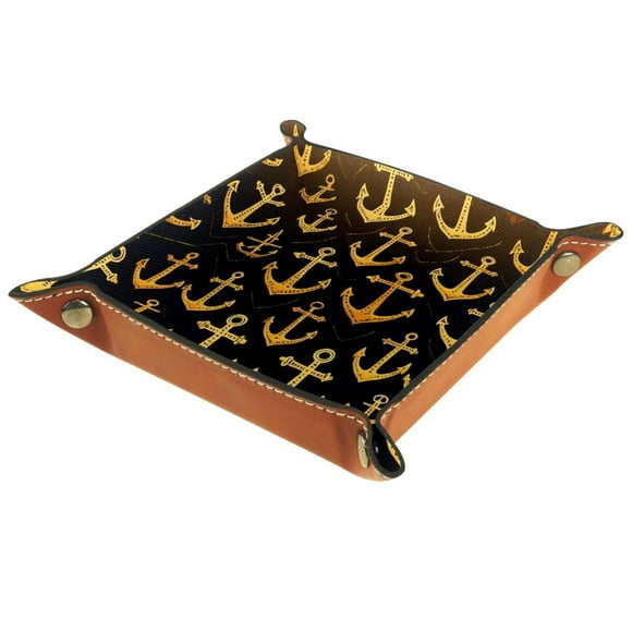 Women Girls Leather Square Dish Trinket Plate Jewelry Tray, Golden Anchors Pattern Mothers Day Birthday Gift