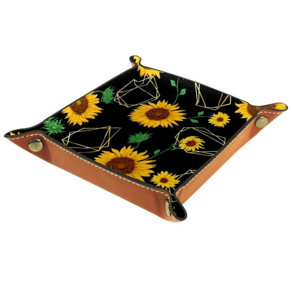 Women Girls Leather Square Dish Trinket Plate Jewelry Tray, Golden Polygonal Sunflowers Pattern Mothers Day Birthday Gift