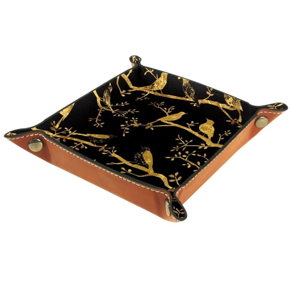 Women Girls Leather Square Dish Trinket Plate Jewelry Tray, Golden Shining Bird Pattern Mothers Day Birthday Gift
