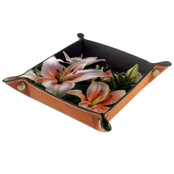 Women Girls Leather Square Dish Trinket Plate Jewelry Tray, Lily Flowers Blossom Mothers Day Birthday Gift