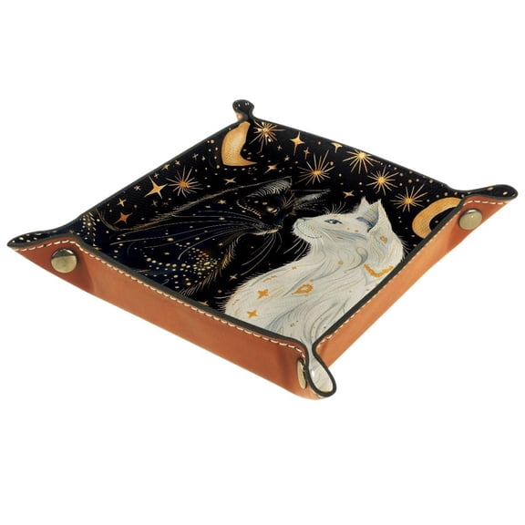 Women Girls Leather Square Dish Trinket Plate Jewelry Tray, Moon Stars Planets Cats Flag Mothers Day Birthday Gift, 20.5x20.5cm