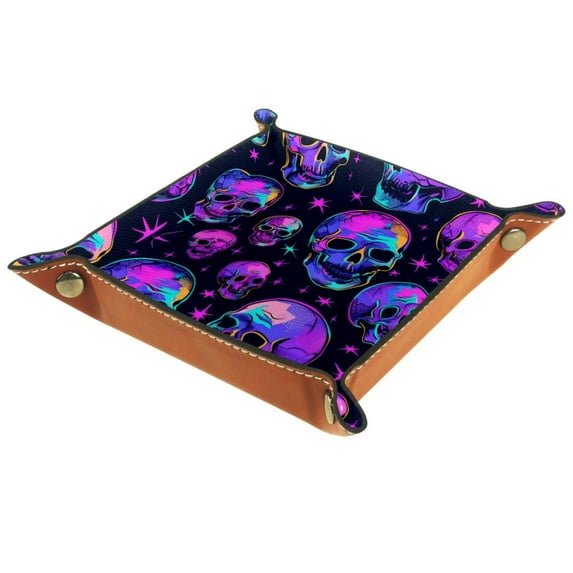 Women Girls Leather Square Dish Trinket Plate Jewelry Tray, Neon Purple Skull Pattern Flag Mothers Day Birthday Gift, 20.5x20.5cm
