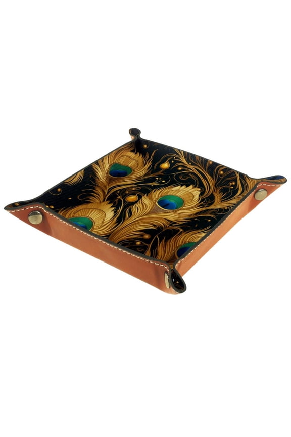 Women Girls Leather Square Dish Trinket Plate Jewelry Tray, Peacock Feather Pattern Mothers Day Birthday Gift