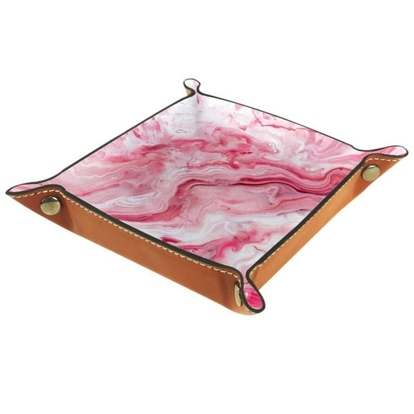 Women Girls Leather Square Dish Trinket Plate Jewelry Tray, Pink Marble Texture Print Flag Mothers Day Birthday Gift, 20.5x20.5cm