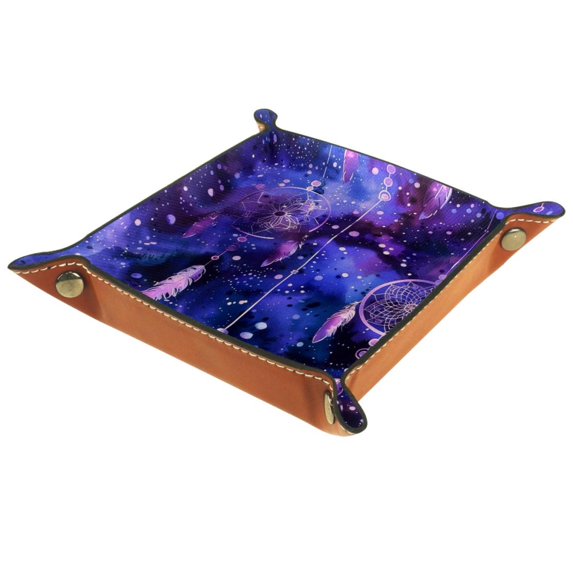 Women Girls Leather Square Dish Trinket Plate Jewelry Tray, Purple Dreamcatcher Patterns Mothers Day Birthday Gift