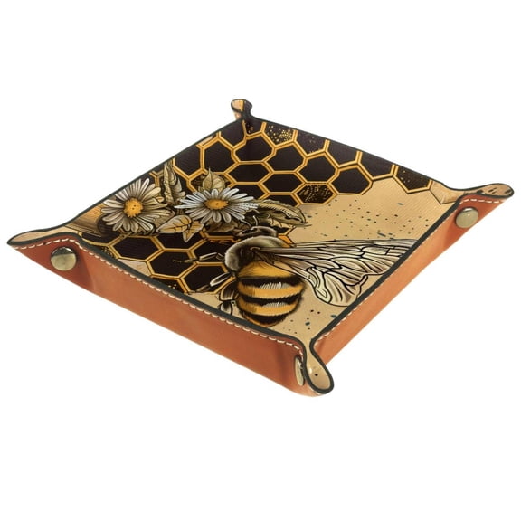 Women Girls Leather Square Dish Trinket Plate Jewelry Tray, Retro Honey Bee Daisy Flag Mothers Day Birthday Gift, 20.5x20.5cm