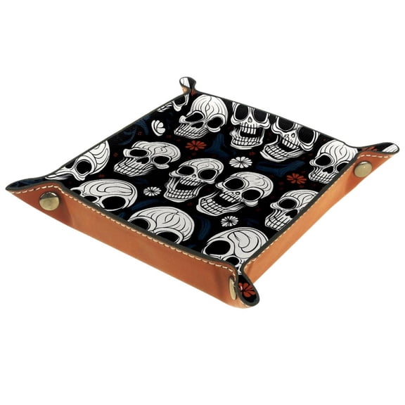Women Girls Leather Square Dish Trinket Plate Jewelry Tray, Scary Skull Head Pattern Flag Mothers Day Birthday Gift, 20.5x20.5cm