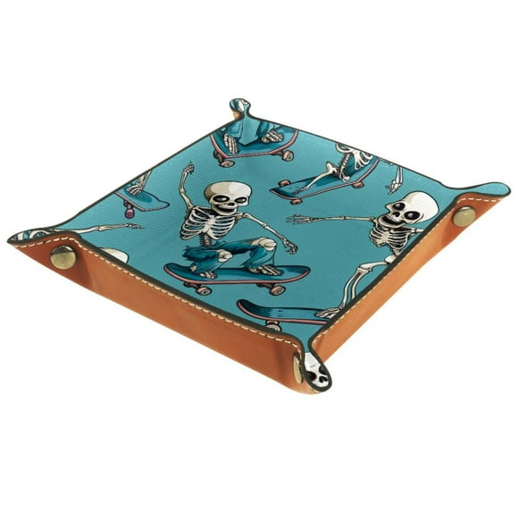 Women Girls Leather Square Dish Trinket Plate Jewelry Tray, Skateboard Skeleton Pattern Flag Mothers Day Birthday Gift, 20.5x20.5cm