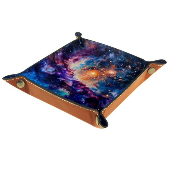 Women Girls Leather Square Dish Trinket Plate Jewelry Tray, Space Galaxy Painting Mothers Day Birthday Gift
