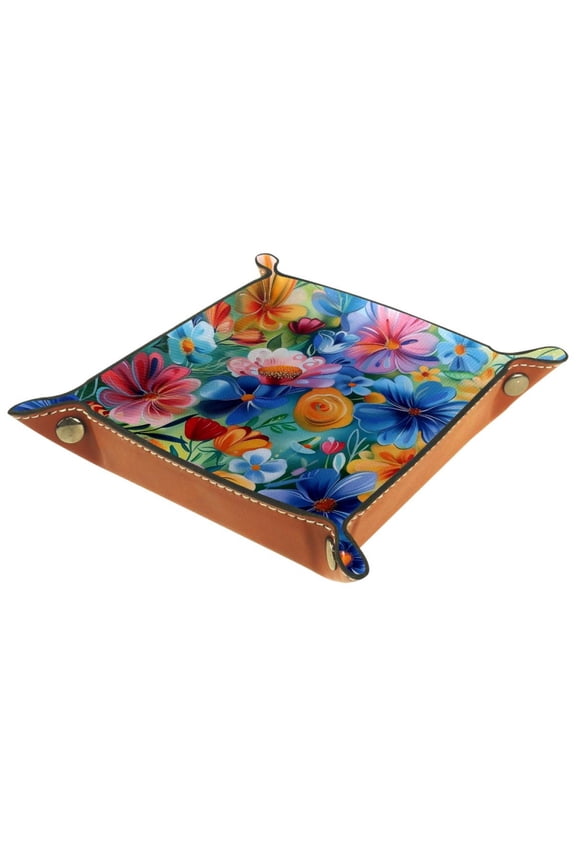 Women Girls Leather Square Dish Trinket Plate Jewelry Tray, Spring Colorful Floral Painting Mothers Day Birthday Gift