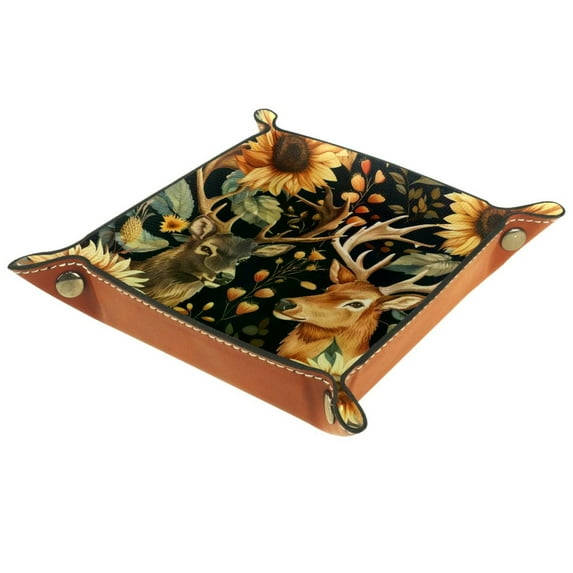 Women Girls Leather Square Dish Trinket Plate Jewelry Tray, Sunflower Deers Pattern Flag Mothers Day Birthday Gift, 20.5x20.5cm