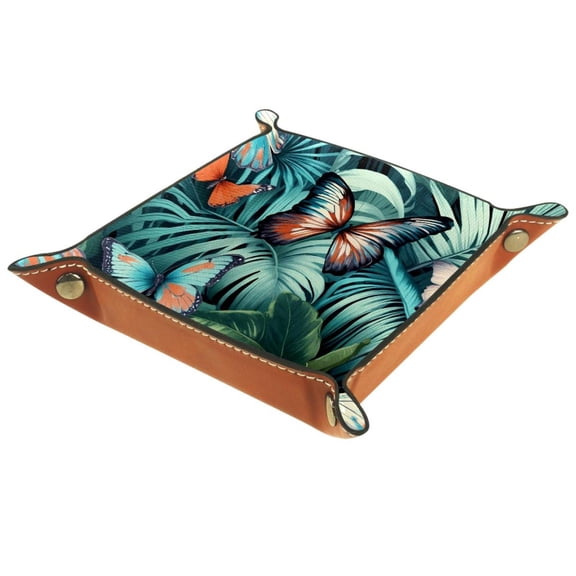 Women Girls Leather Square Dish Trinket Plate Jewelry Tray, Tropical Palm Leaf and Butterflies Pattern Flag Mothers Day Birthday Gift, 20.5x20.5cm