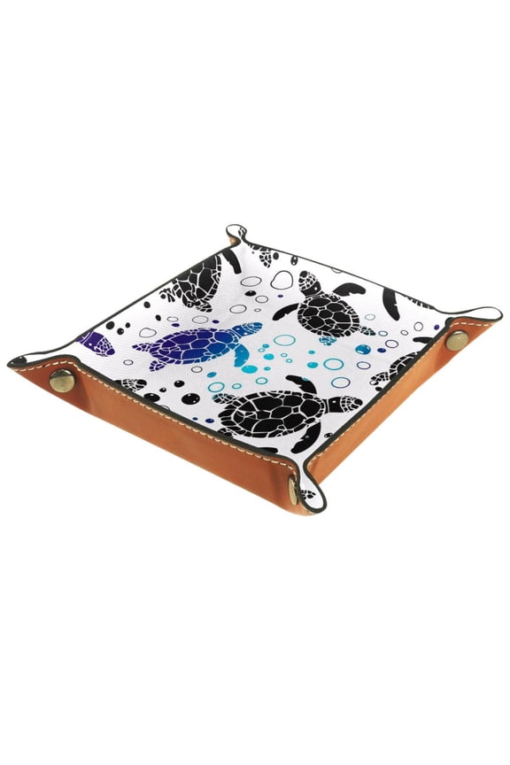 Women Girls Leather Square Dish Trinket Plate Jewelry Tray, Turtles Bubble Pattern Flag Mothers Day Birthday Gift, 20.5x20.5cm