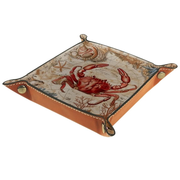 Women Girls Leather Square Dish Trinket Plate Jewelry Tray, Vintage Map Crab Seashells Flag Mothers Day Birthday Gift, 20.5x20.5cm