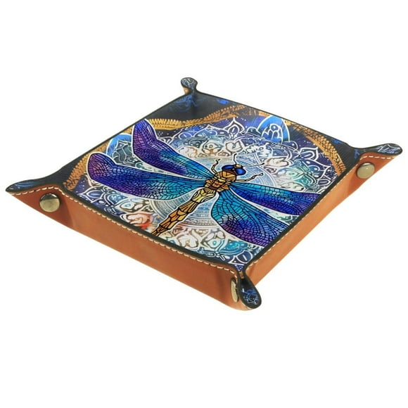 Women Girls Leather Square Dish Trinket Plate Jewelry Tray, Watercolor Blue Dragonfly Mothers Day Birthday Gift