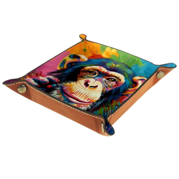 Women Girls Leather Square Dish Trinket Plate Jewelry Tray, Watercolor Splash Monkey Flag Mothers Day Birthday Gift, 20.5x20.5cm