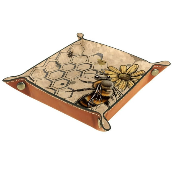 Women Girls Leather Square Dish Trinket Plate Jewelry Tray, Yellow Floral Honey Bee Flag Mothers Day Birthday Gift, 20.5x20.5cm