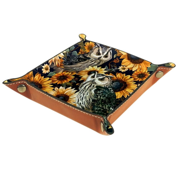 Women Girls Leather Square Dish Trinket Plate Jewelry Tray for Mothers Day Birthday Gift, Animals Owls Sunflowers
