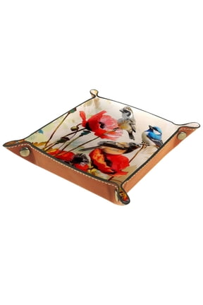 Women Girls Leather Square Dish Trinket Plate Jewelry Tray for Mothers Day Birthday Gift, Birds and Poppy Flowers