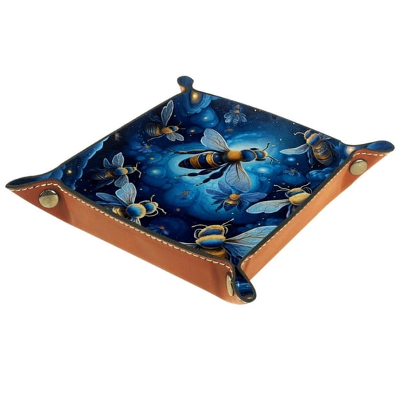 Women Girls Leather Square Dish Trinket Plate Jewelry Tray for Mothers Day Birthday Gift, Blue Galaxy Bees