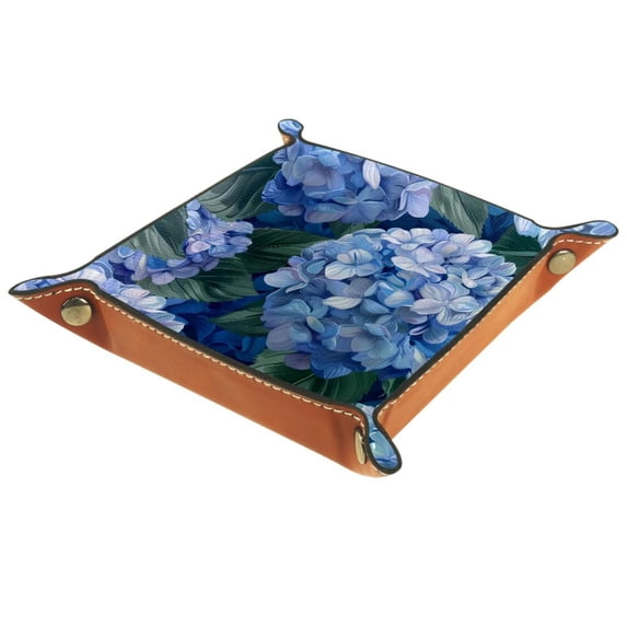 Women Girls Leather Square Dish Trinket Plate Jewelry Tray for Mothers Day Birthday Gift, Blue Hydrangeas Floral Pattern